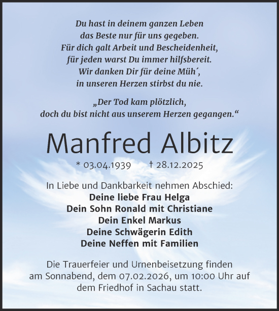 Traueranzeige von Manfred Albitz von Trauerkombi Wittenberg