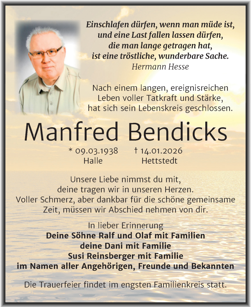  Traueranzeige für Manfred Bendicks vom 31.01.2026 aus Mitteldeutsche Zeitung Halle/Saalkreis