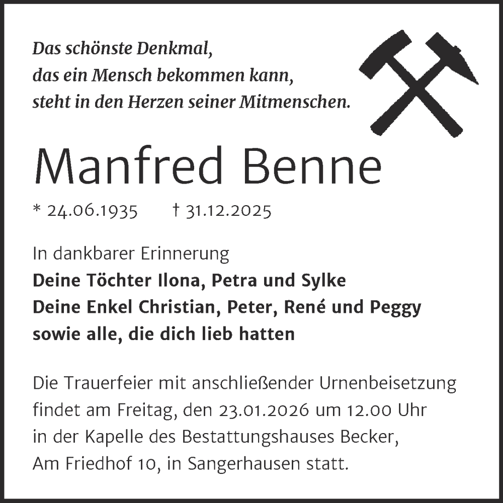  Traueranzeige für Manfred Benne vom 10.01.2026 aus Trauerkombi Sangerhausen
