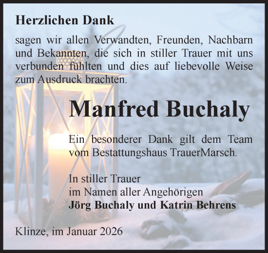 Traueranzeige von Manfred Buchaly von Volksstimme Haldensleben/Wolmirstedt