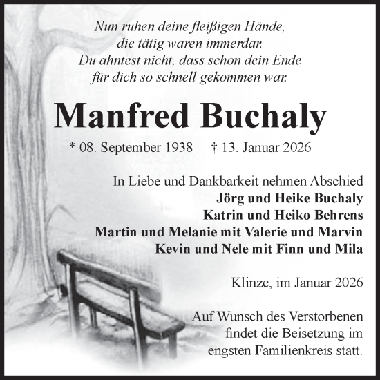 Traueranzeige von Manfred Buchaly von Volksstimme Haldensleben/Wolmirstedt