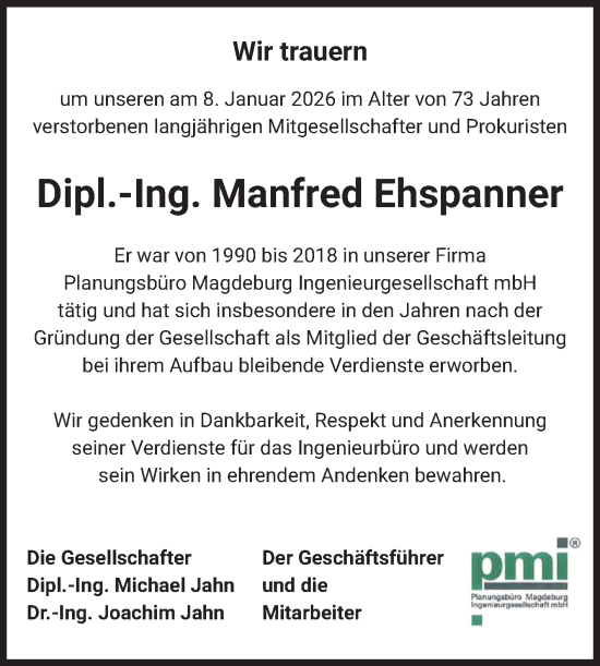 Traueranzeige von Manfred Ehspanner von Volksstimme Magdeburg