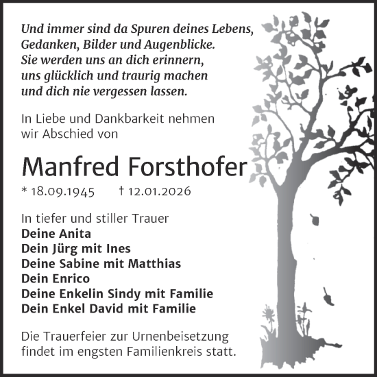 Traueranzeige von Manfred Forsthofer von Trauerkombi Merseburg