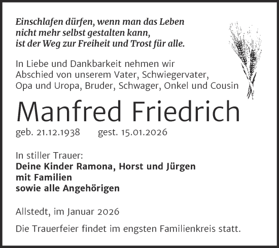 Traueranzeige von Manfred Friedrich von Trauerkombi Sangerhausen