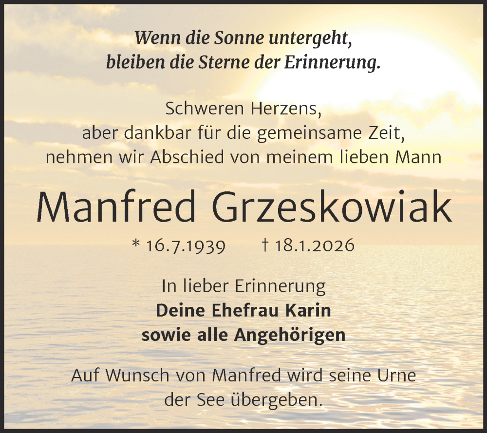 Traueranzeige für Manfred Grzeskowiak vom 31.01.2026 aus Trauerkombi Weißenfels