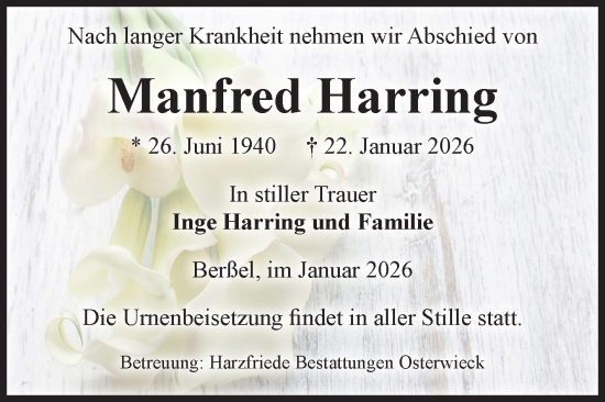 Traueranzeige von Manfred Harring von Volksstimme Halberstadt