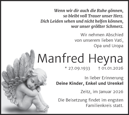 Traueranzeige von Manfred Heyna von Trauerkombi Zeitz