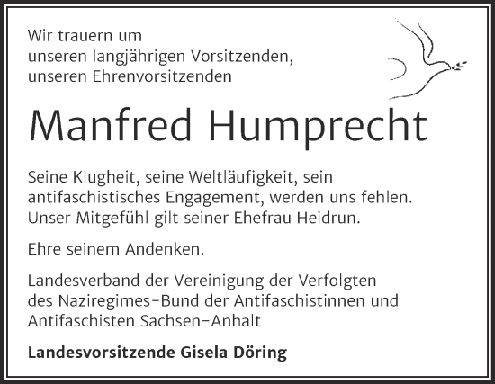 Traueranzeige von Manfred Humprecht von Mitteldeutsche Zeitung Halle/Saalkreis