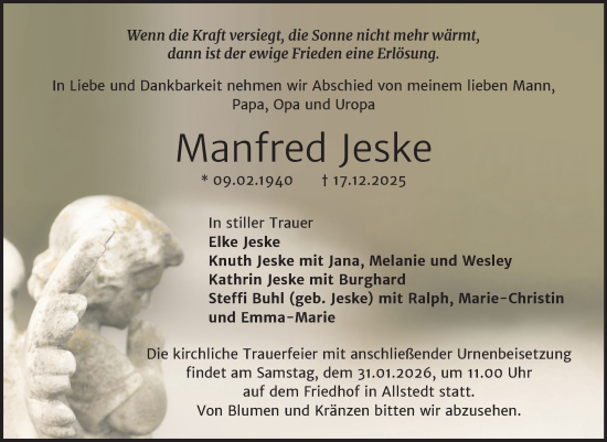 Traueranzeige von Manfred Jeske von Trauerkombi Sangerhausen