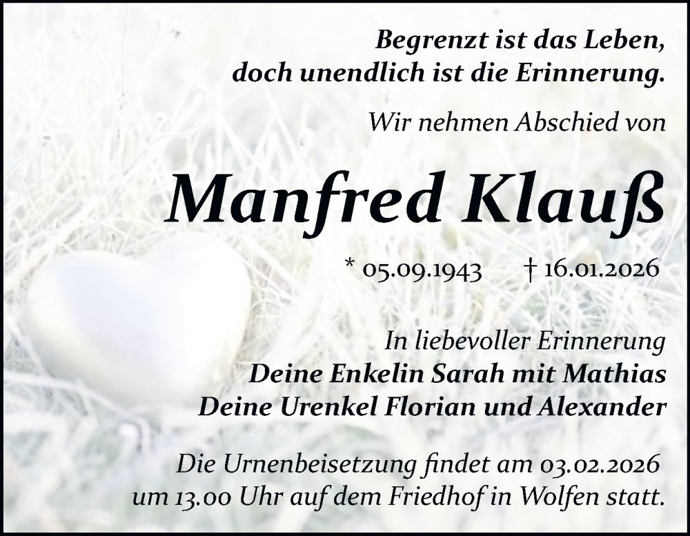  Traueranzeige für Manfred Klauß vom 24.01.2026 aus Trauerkombi Bitterfeld
