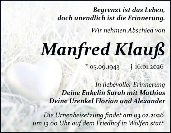 Traueranzeige von Manfred Klauß von Trauerkombi Bitterfeld