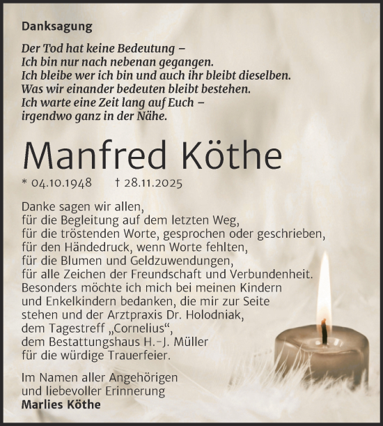 Traueranzeige von Manfred Köthe von Trauerkombi Aschersleben