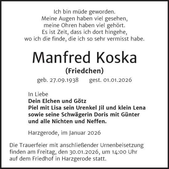 Traueranzeige von Manfred Koska von Super Sonntag Quedlingburg