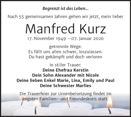 Traueranzeige von Manfred Kurz von Trauerkombi Merseburg