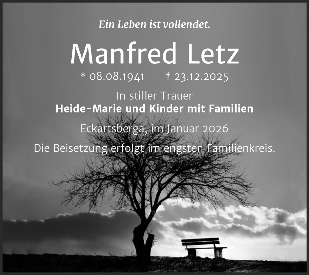  Traueranzeige für Manfred Letz vom 17.01.2026 aus Naumburger Tageblatt