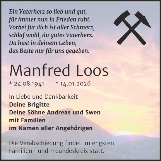 Traueranzeige von Manfred Loos von Trauerkombi Sangerhausen