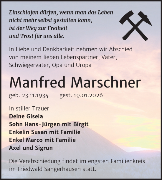 Traueranzeige von Manfred Marschner von Trauerkombi Sangerhausen