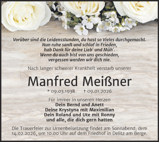 Traueranzeige von Manfred Meißner von Trauerkombi Merseburg