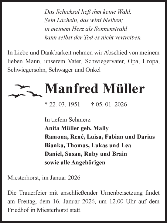 Traueranzeige von Manfred Müller von Volksstimme Altmark West