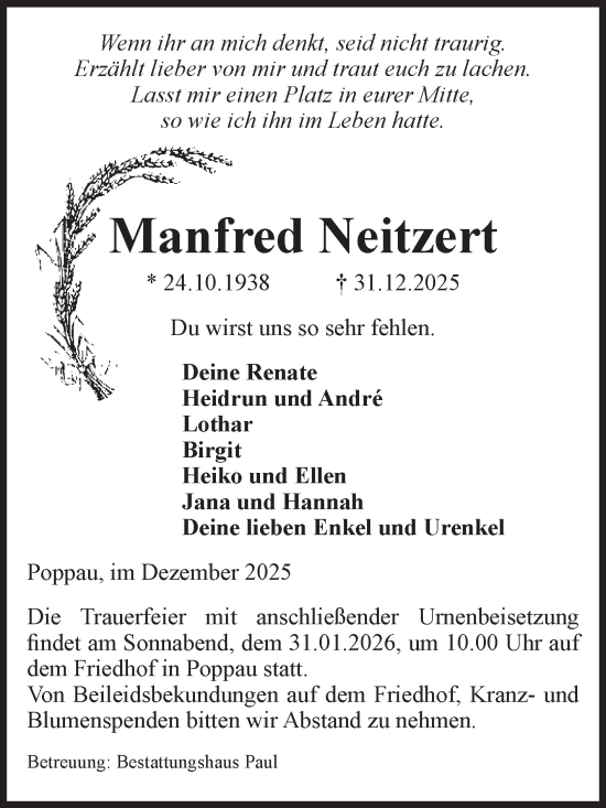 Traueranzeige von Manfred Neitzert von Volksstimme Altmark West