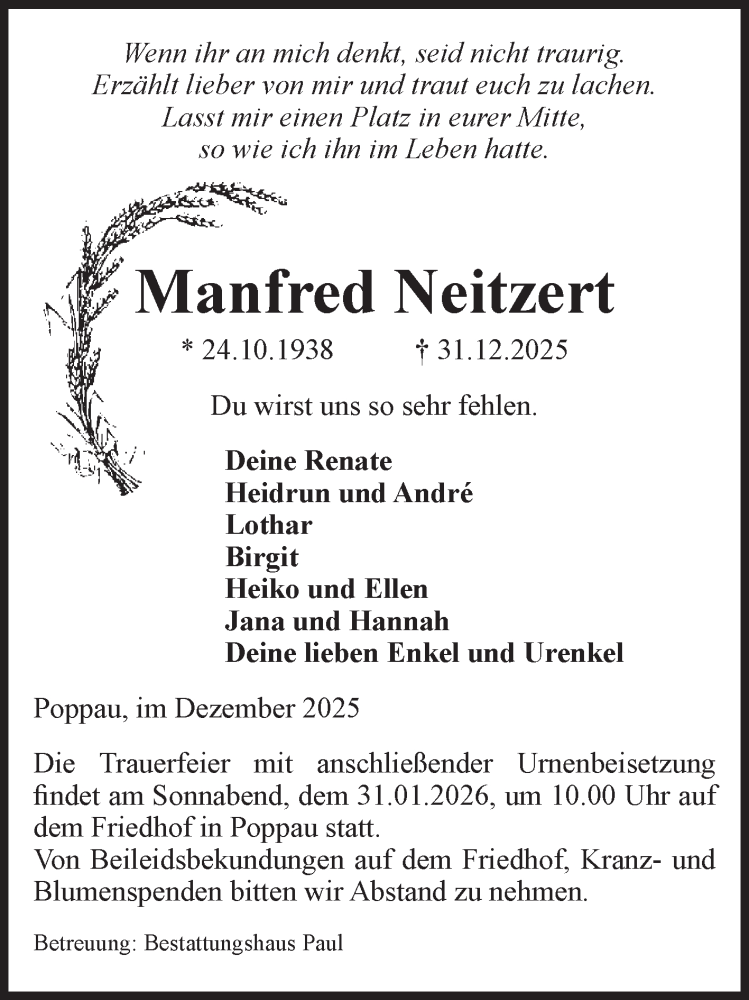  Traueranzeige für Manfred Neitzert vom 07.01.2026 aus Volksstimme Altmark West