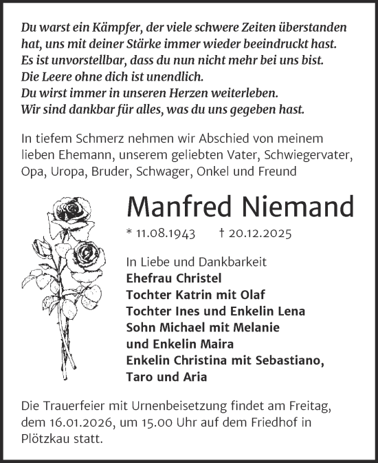 Traueranzeige von Manfred Niemand von Trauerkombi Bernburg