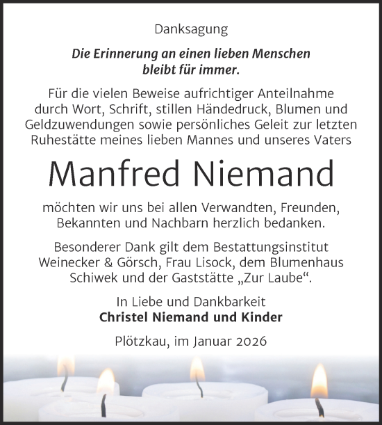 Traueranzeige von Manfred Niemand von Trauerkombi Bernburg