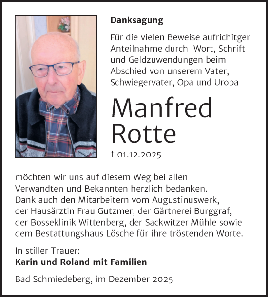 Traueranzeige von Manfred Rotte von Trauerkombi Wittenberg