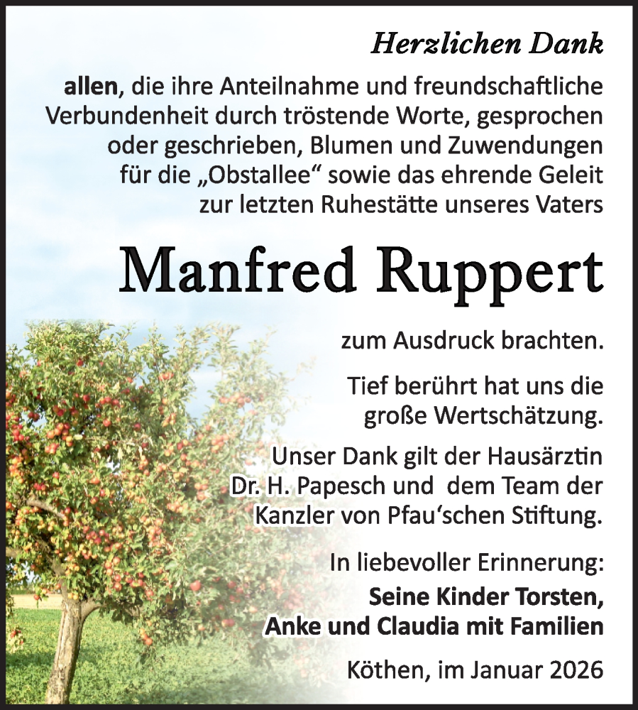  Traueranzeige für Manfred Ruppert vom 10.01.2026 aus Trauerkombi Köthen