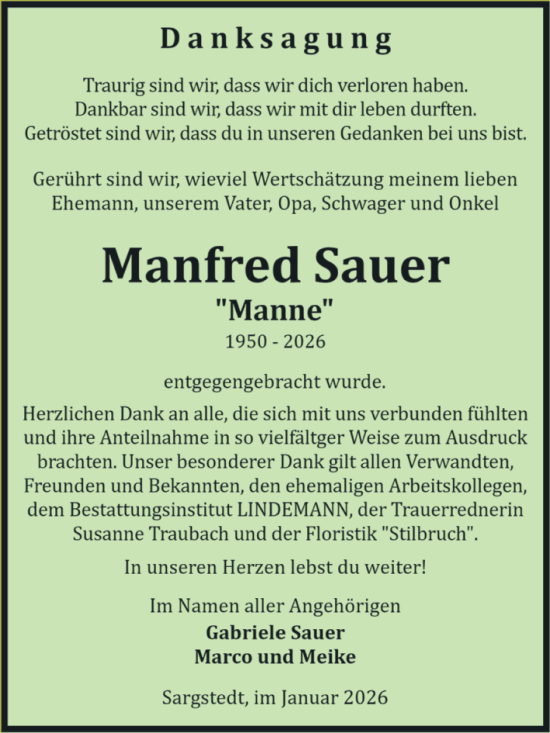 Traueranzeige von Manfred Sauer von Volksstimme Halberstadt