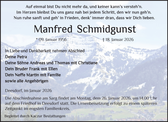Traueranzeige von Manfred Schmidgunst von Volksstimme Oschersleben/Wanzleben