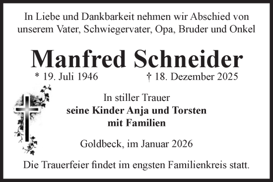 Traueranzeige von Manfred Schneider von Volksstimme Altmark Ost