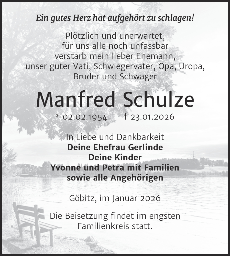  Traueranzeige für Manfred Schulze vom 31.01.2026 aus Trauerkombi Zeitz