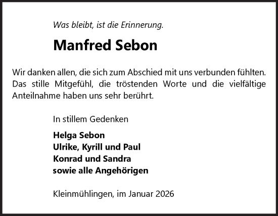Traueranzeige von Manfred Sebon von Volksstimme Schönebeck