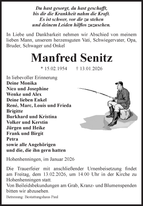 Traueranzeige von Manfred Senitz von Volksstimme Altmark West