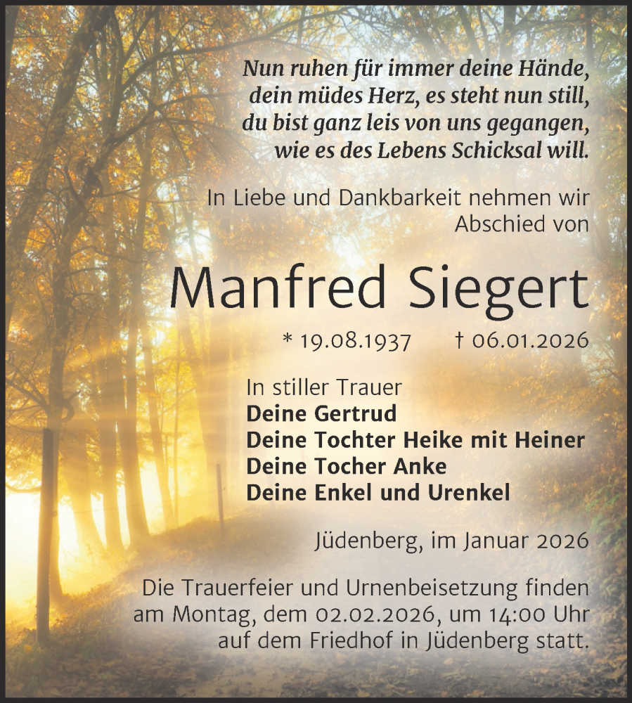  Traueranzeige für Manfred Siegert vom 24.01.2026 aus Trauerkombi Wittenberg