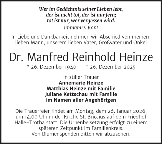 Traueranzeige von Manfred Reinhold Heinze von Mitteldeutsche Zeitung Halle/Saalkreis