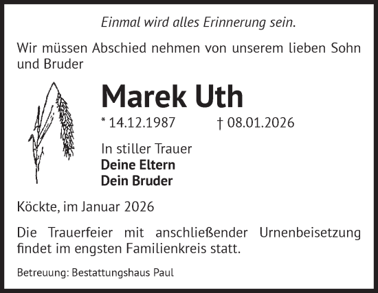 Traueranzeige von Marek Uth von Volksstimme Altmark West
