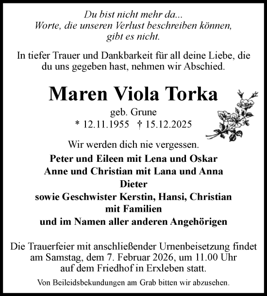 Traueranzeige von Maren Viola Torka von Volksstimme Haldensleben/Wolmirstedt