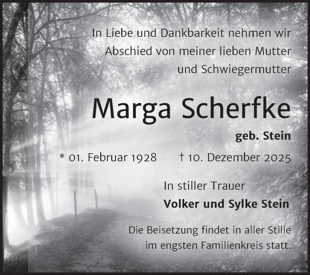  Traueranzeige für Marga Scherfke vom 03.01.2026 aus Trauerkombi Dessau