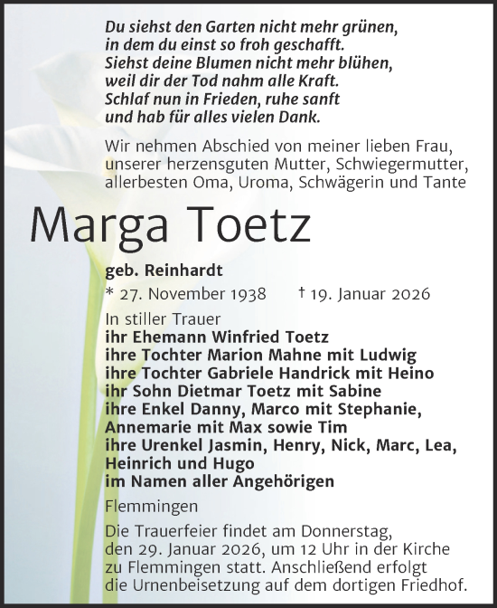 Traueranzeige von Marga Toetz von Naumburger Tageblatt