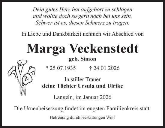 Traueranzeige von Marga Veckenstedt von Volksstimme Wernigerode