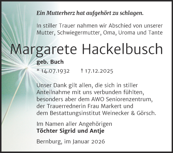 Traueranzeige von Margarete Hackelbusch von Trauerkombi Bernburg
