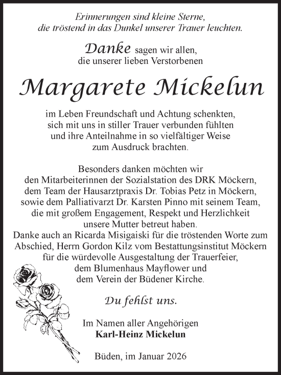 Traueranzeige von Margarete Mickelun von Volksstimme Burg/Genthin