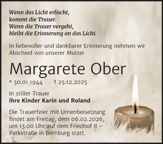 Traueranzeige von Margarete Ober von Trauerkombi Bernburg