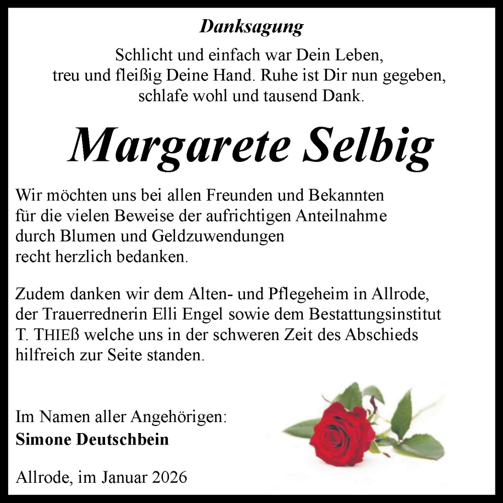  Traueranzeige für Margarete Selbig vom 24.01.2026 aus Trauerkombi Quedlinburg