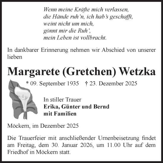 Traueranzeige von Margarete Wetzka von Volksstimme Burg/Genthin