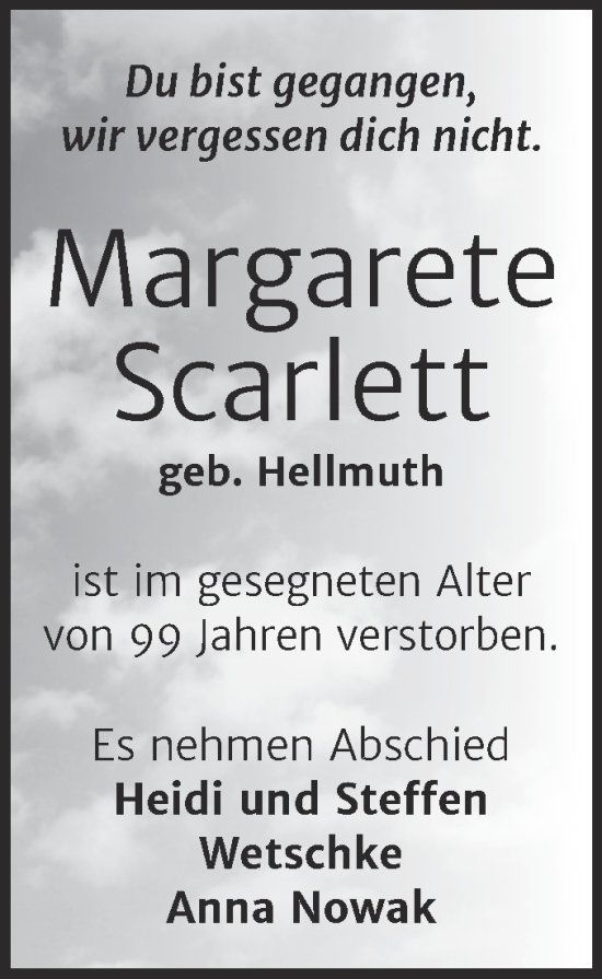 Traueranzeige von Margarete Scarlett Scarlett von Trauerkombi Bernburg