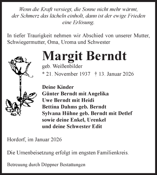 Traueranzeige von Margit Berndt von Volksstimme Oschersleben/Wanzleben