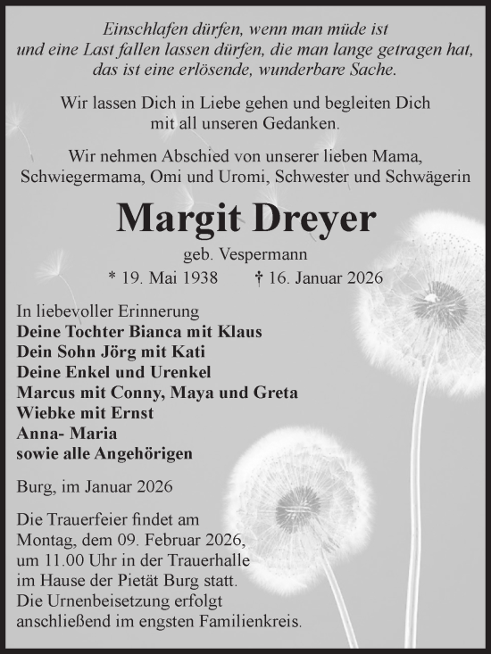 Traueranzeige von Margit Dreyer von Volksstimme Burg/Genthin